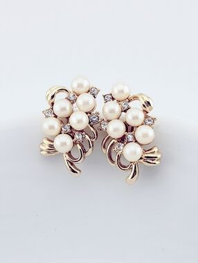 Gold Pearl Cluster Clip On Earrings with Crystal Rhinestones